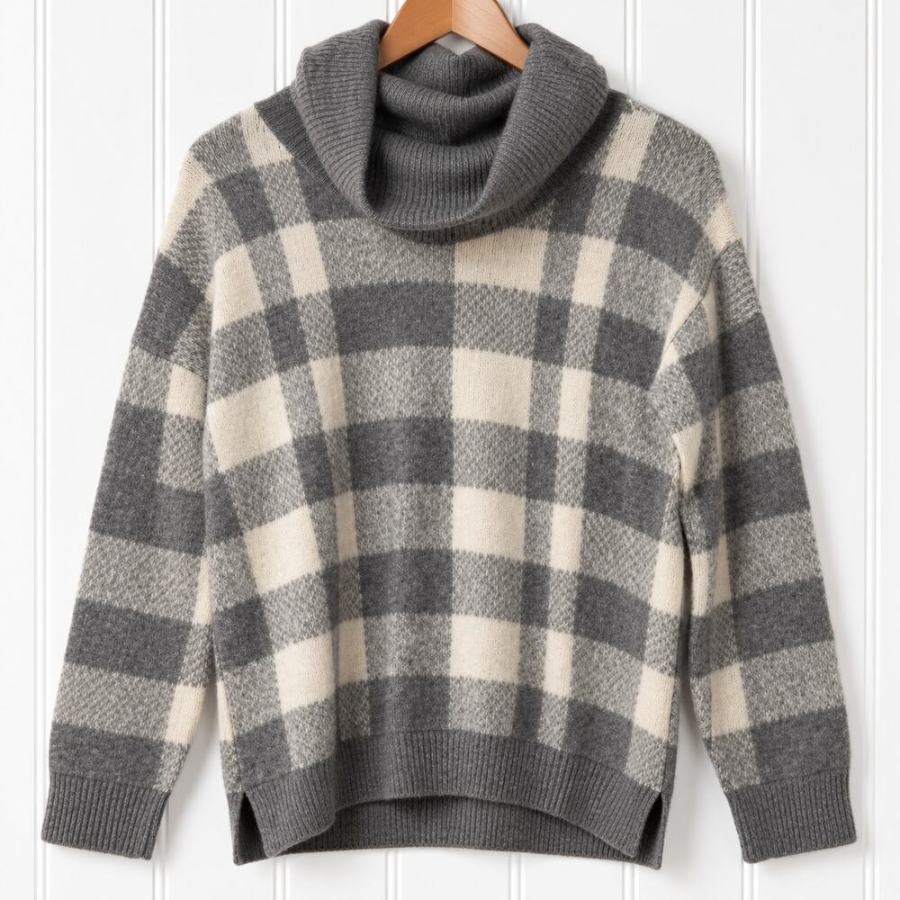 Olivia Sky Plaid Cowl Neck Sweater Womens M Gray Ivory Pullover NWT